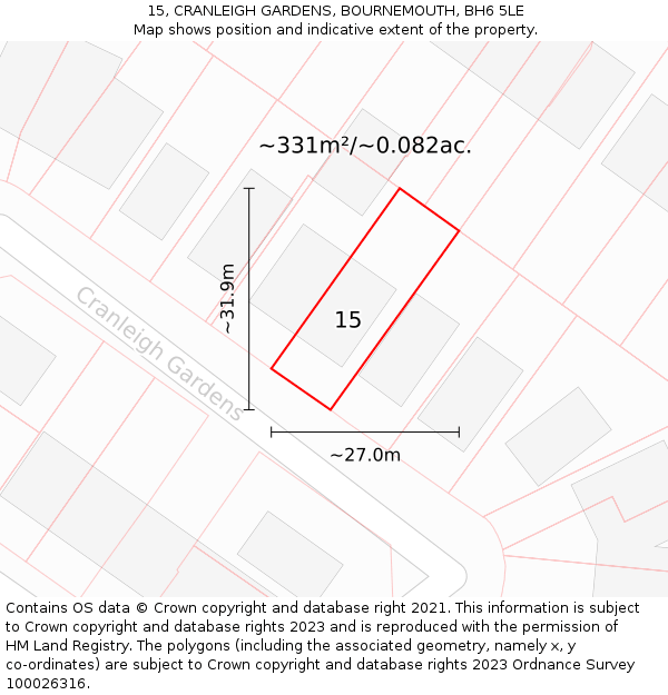 15, CRANLEIGH GARDENS, BOURNEMOUTH, BH6 5LE: Plot and title map
