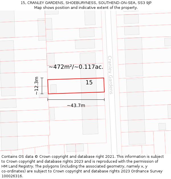 15, CRANLEY GARDENS, SHOEBURYNESS, SOUTHEND-ON-SEA, SS3 9JP: Plot and title map