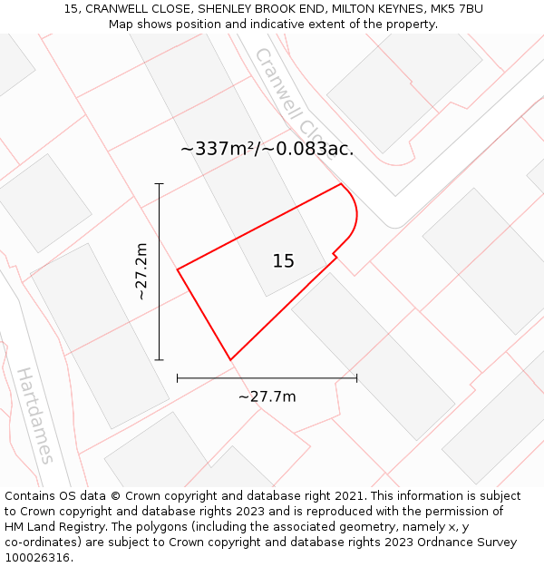 15, CRANWELL CLOSE, SHENLEY BROOK END, MILTON KEYNES, MK5 7BU: Plot and title map
