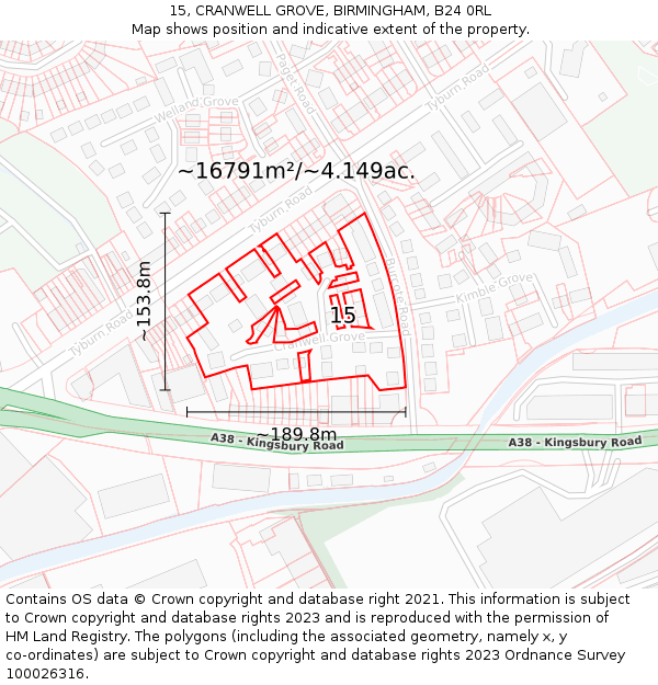 15, CRANWELL GROVE, BIRMINGHAM, B24 0RL: Plot and title map