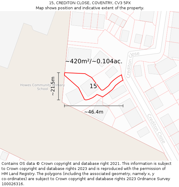 15, CREDITON CLOSE, COVENTRY, CV3 5PX: Plot and title map