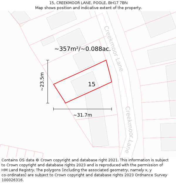 15, CREEKMOOR LANE, POOLE, BH17 7BN: Plot and title map