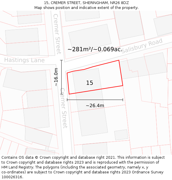 15, CREMER STREET, SHERINGHAM, NR26 8DZ: Plot and title map