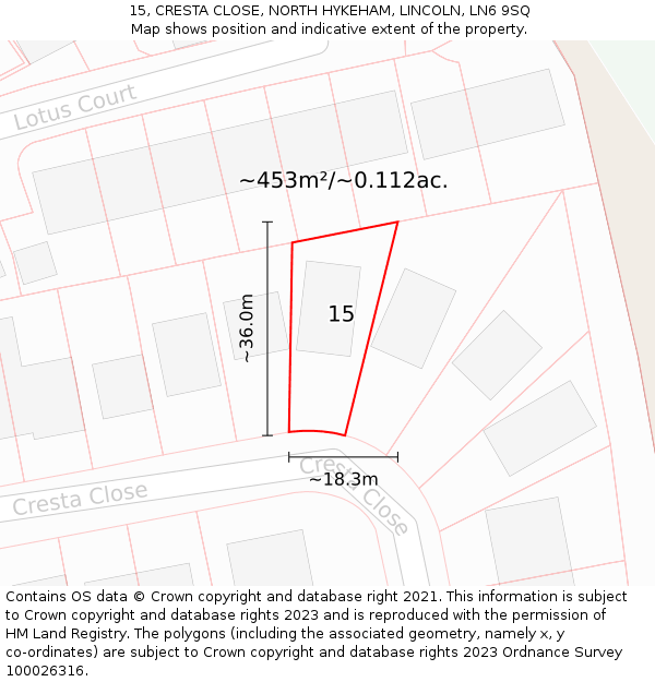 15, CRESTA CLOSE, NORTH HYKEHAM, LINCOLN, LN6 9SQ: Plot and title map