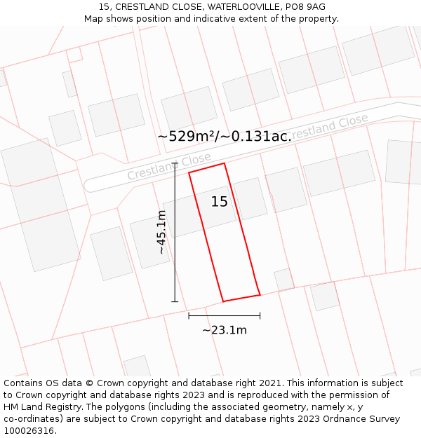 15, CRESTLAND CLOSE, WATERLOOVILLE, PO8 9AG: Plot and title map