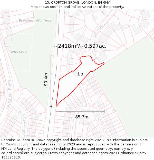 15, CROFTON GROVE, LONDON, E4 6NY: Plot and title map