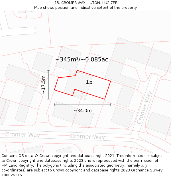 15, CROMER WAY, LUTON, LU2 7EE: Plot and title map