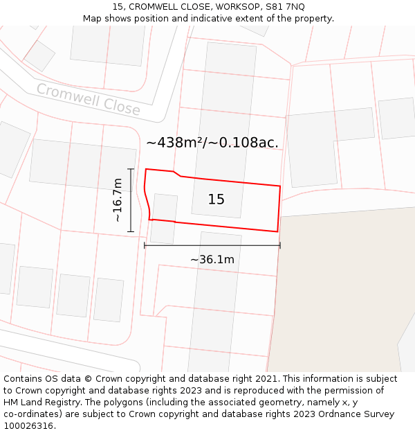 15, CROMWELL CLOSE, WORKSOP, S81 7NQ: Plot and title map