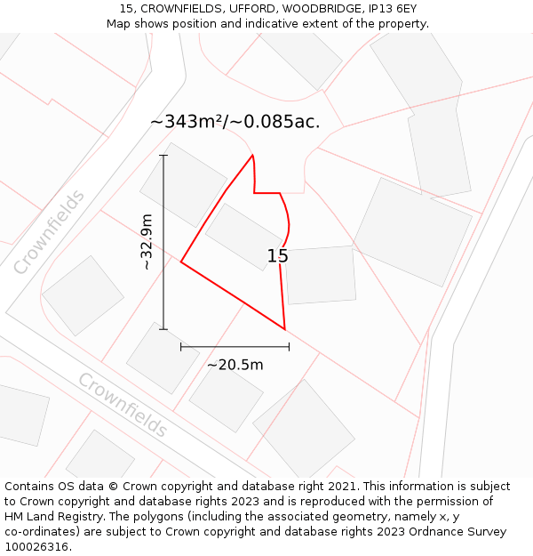 15, CROWNFIELDS, UFFORD, WOODBRIDGE, IP13 6EY: Plot and title map