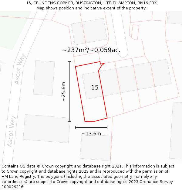 15, CRUNDENS CORNER, RUSTINGTON, LITTLEHAMPTON, BN16 3RX: Plot and title map