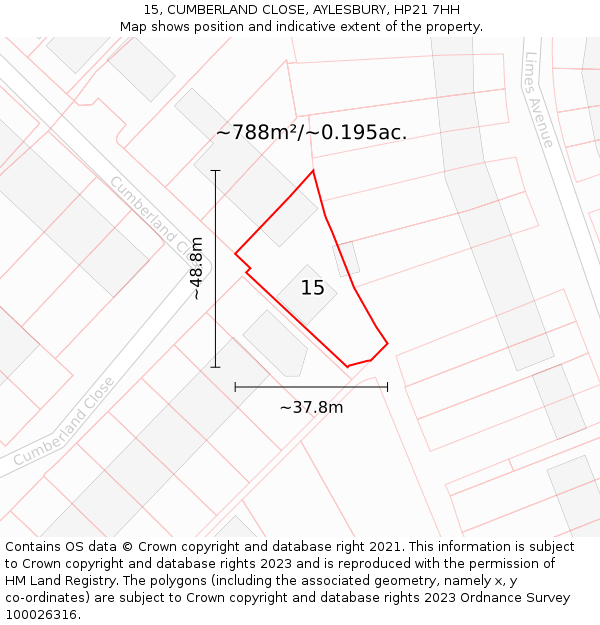 15, CUMBERLAND CLOSE, AYLESBURY, HP21 7HH: Plot and title map