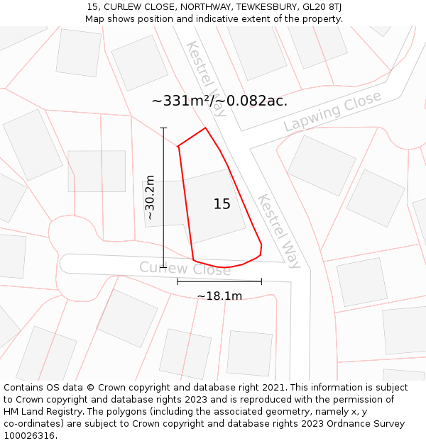 15, CURLEW CLOSE, NORTHWAY, TEWKESBURY, GL20 8TJ: Plot and title map