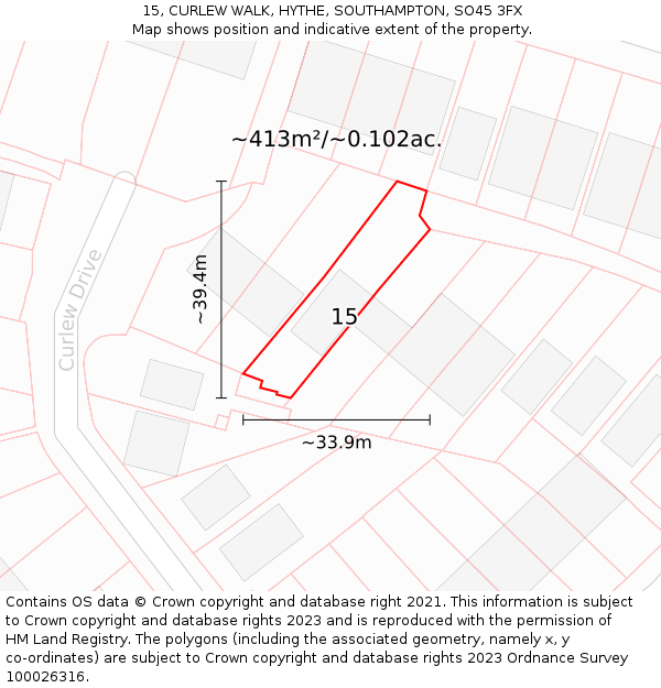 15, CURLEW WALK, HYTHE, SOUTHAMPTON, SO45 3FX: Plot and title map