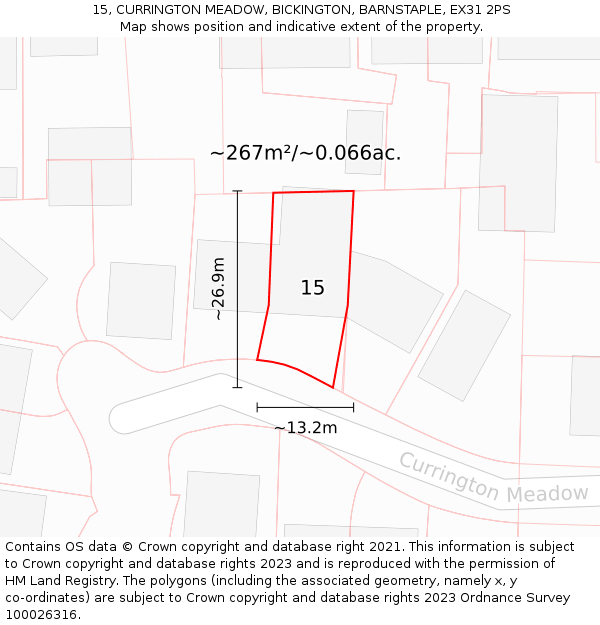 15, CURRINGTON MEADOW, BICKINGTON, BARNSTAPLE, EX31 2PS: Plot and title map