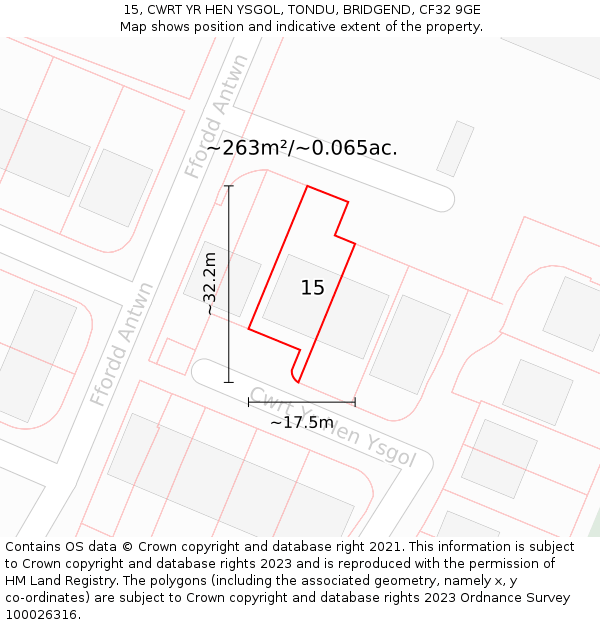 15, CWRT YR HEN YSGOL, TONDU, BRIDGEND, CF32 9GE: Plot and title map