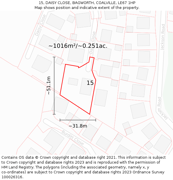 15, DAISY CLOSE, BAGWORTH, COALVILLE, LE67 1HP: Plot and title map