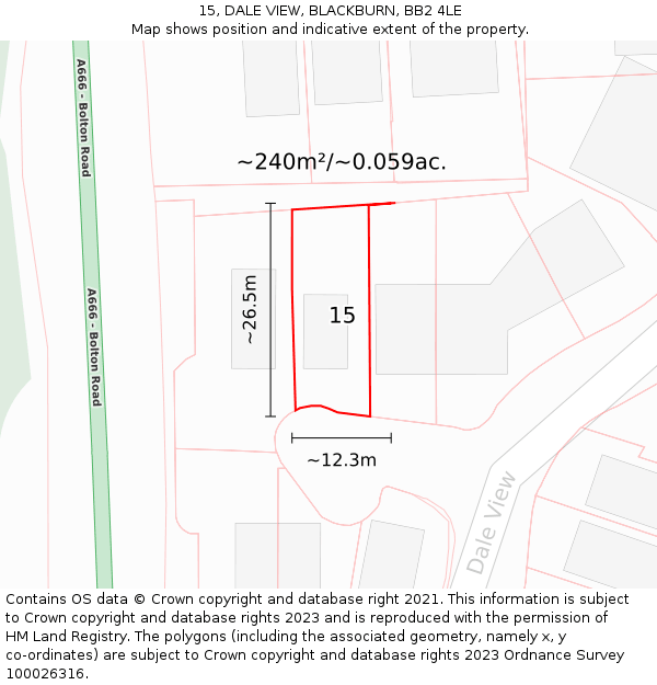 15, DALE VIEW, BLACKBURN, BB2 4LE: Plot and title map