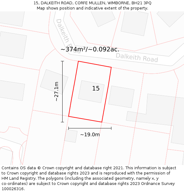 15, DALKEITH ROAD, CORFE MULLEN, WIMBORNE, BH21 3PQ: Plot and title map
