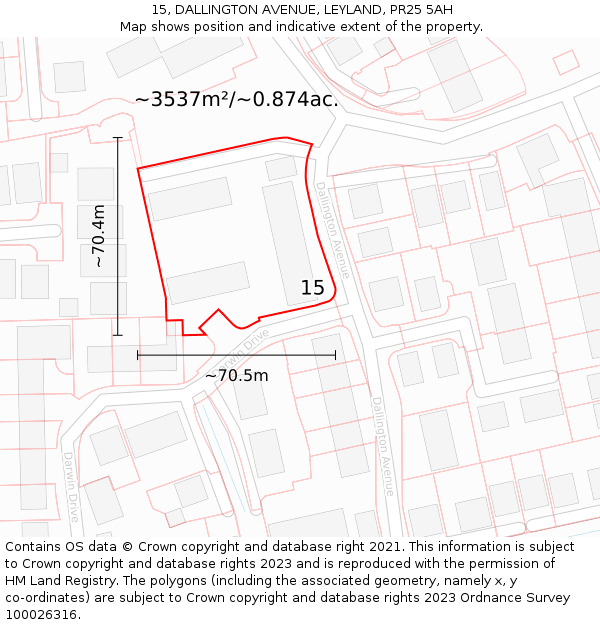 15, DALLINGTON AVENUE, LEYLAND, PR25 5AH: Plot and title map