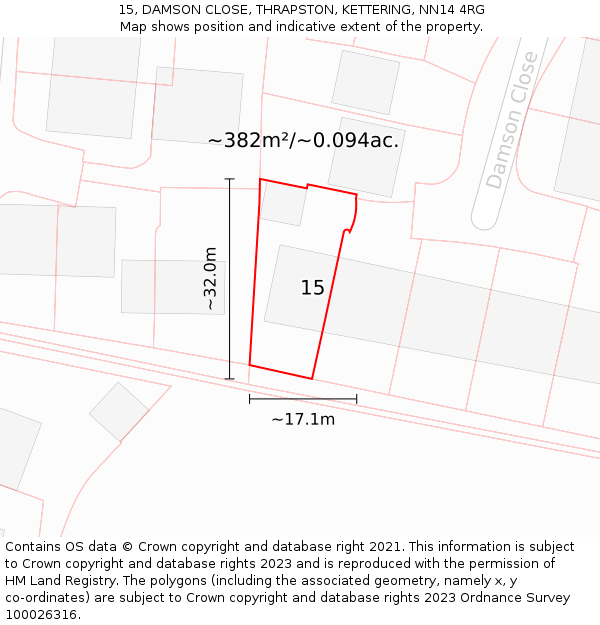 15, DAMSON CLOSE, THRAPSTON, KETTERING, NN14 4RG: Plot and title map