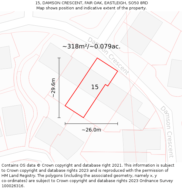 15, DAMSON CRESCENT, FAIR OAK, EASTLEIGH, SO50 8RD: Plot and title map
