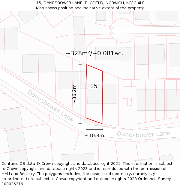 15, DANESBOWER LANE, BLOFIELD, NORWICH, NR13 4LP: Plot and title map
