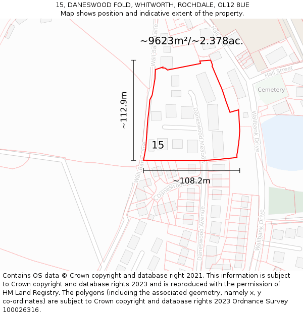 15, DANESWOOD FOLD, WHITWORTH, ROCHDALE, OL12 8UE: Plot and title map