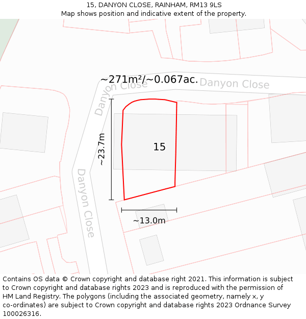 15, DANYON CLOSE, RAINHAM, RM13 9LS: Plot and title map