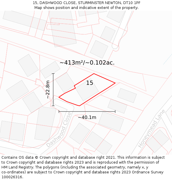 15, DASHWOOD CLOSE, STURMINSTER NEWTON, DT10 1PF: Plot and title map