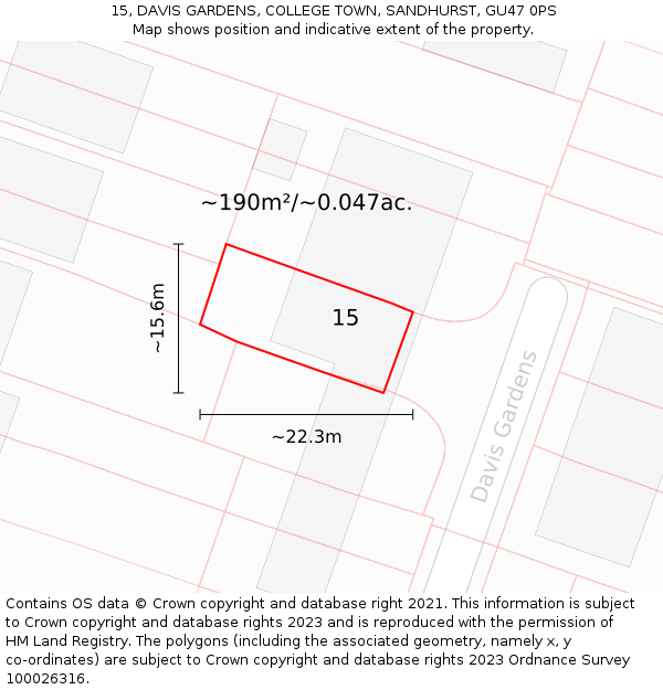 15, DAVIS GARDENS, COLLEGE TOWN, SANDHURST, GU47 0PS: Plot and title map