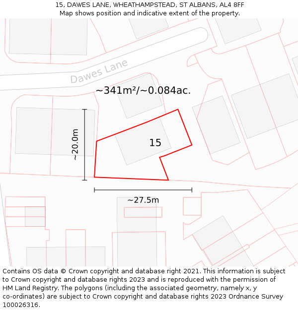 15, DAWES LANE, WHEATHAMPSTEAD, ST ALBANS, AL4 8FF: Plot and title map