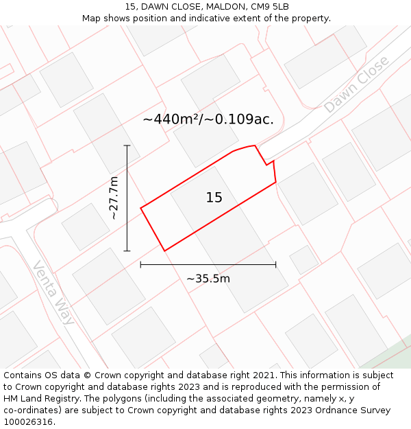 15, DAWN CLOSE, MALDON, CM9 5LB: Plot and title map