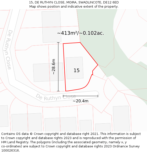15, DE RUTHYN CLOSE, MOIRA, SWADLINCOTE, DE12 6ED: Plot and title map