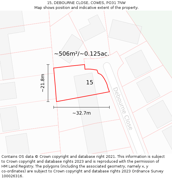 15, DEBOURNE CLOSE, COWES, PO31 7NW: Plot and title map