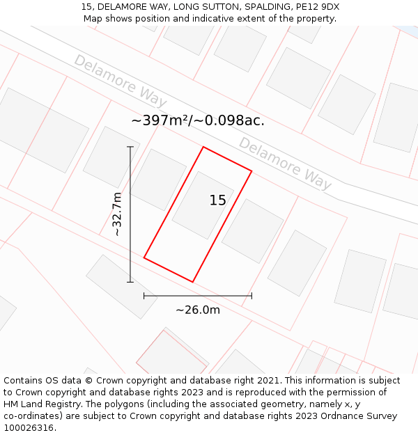 15, DELAMORE WAY, LONG SUTTON, SPALDING, PE12 9DX: Plot and title map
