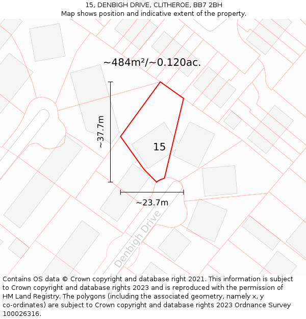 15, DENBIGH DRIVE, CLITHEROE, BB7 2BH: Plot and title map