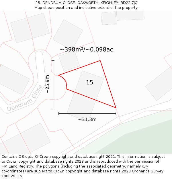 15, DENDRUM CLOSE, OAKWORTH, KEIGHLEY, BD22 7JQ: Plot and title map