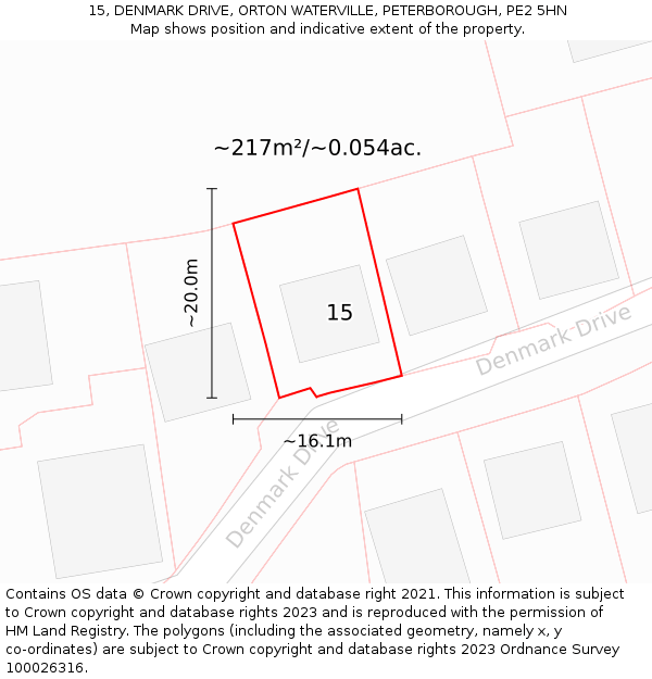 15, DENMARK DRIVE, ORTON WATERVILLE, PETERBOROUGH, PE2 5HN: Plot and title map