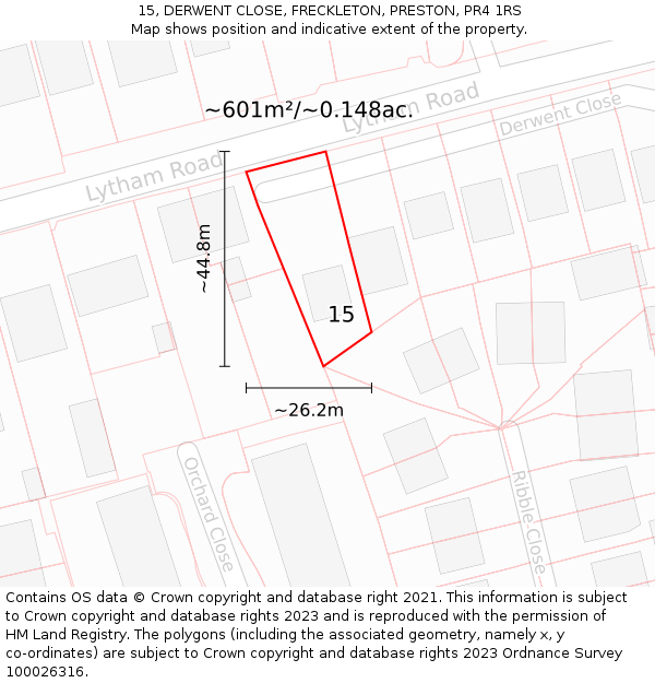 15, DERWENT CLOSE, FRECKLETON, PRESTON, PR4 1RS: Plot and title map