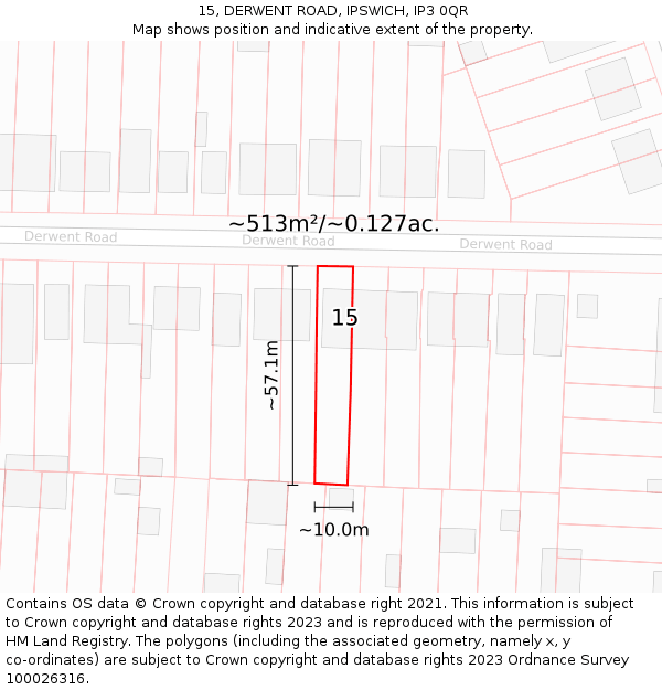 15, DERWENT ROAD, IPSWICH, IP3 0QR: Plot and title map