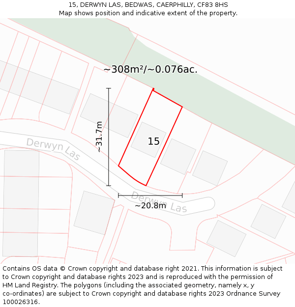 15, DERWYN LAS, BEDWAS, CAERPHILLY, CF83 8HS: Plot and title map