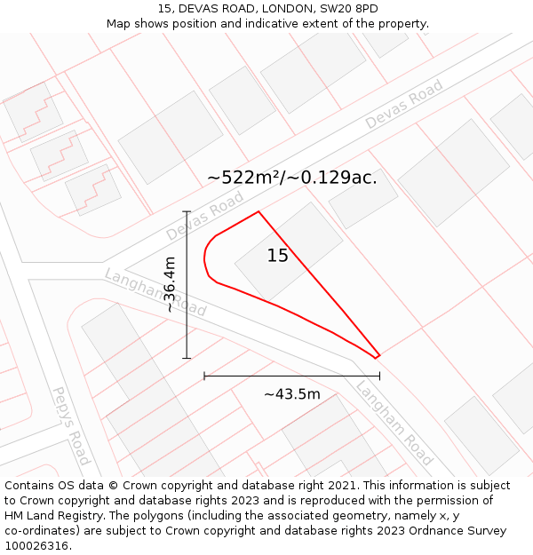 15, DEVAS ROAD, LONDON, SW20 8PD: Plot and title map