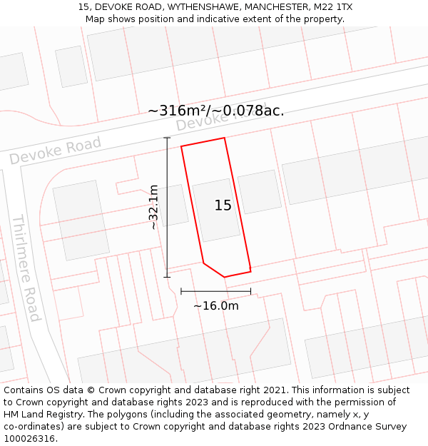 15, DEVOKE ROAD, WYTHENSHAWE, MANCHESTER, M22 1TX: Plot and title map