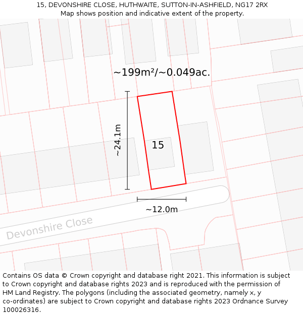 15, DEVONSHIRE CLOSE, HUTHWAITE, SUTTON-IN-ASHFIELD, NG17 2RX: Plot and title map