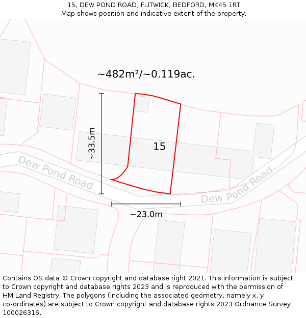 15, DEW POND ROAD, FLITWICK, BEDFORD, MK45 1RT: Plot and title map
