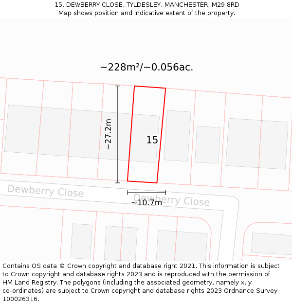15, DEWBERRY CLOSE, TYLDESLEY, MANCHESTER, M29 8RD: Plot and title map