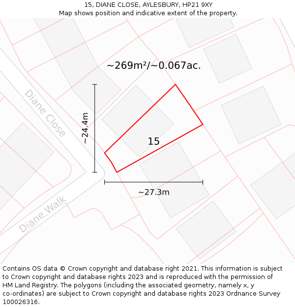 15, DIANE CLOSE, AYLESBURY, HP21 9XY: Plot and title map