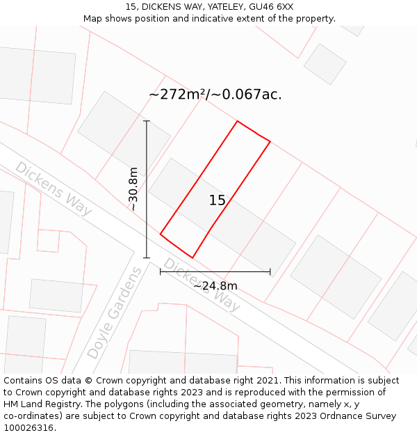 15, DICKENS WAY, YATELEY, GU46 6XX: Plot and title map
