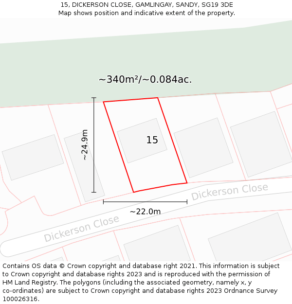 15, DICKERSON CLOSE, GAMLINGAY, SANDY, SG19 3DE: Plot and title map