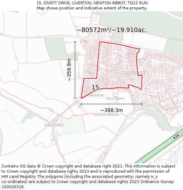 15, DIVETT DRIVE, LIVERTON, NEWTON ABBOT, TQ12 6UN: Plot and title map